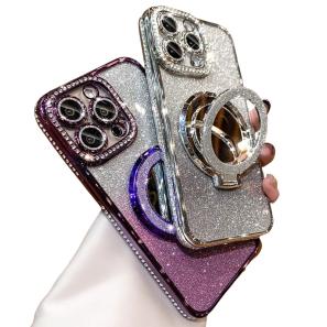 Luxury Glitter Bling Diamond Magnetic For Magsafe Folding Grip Mount Stand Make Up Mirror Bracket Case