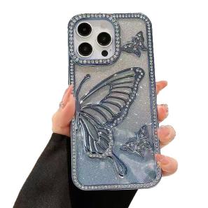 Luxury 3D Glitter Butterfly Aesthetic Women Girls Shiny Sparkling Diamond Ombre Gradient Soft Silicone Shockproorf For iPhone 16e 16 15 14 13 12 11 Pro Max