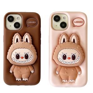 3D Cute Cartoon LaBuBu Monsters Soft Rubber Silicone Bracket Grip Cover With Stand Holder Case For For iPhone 16 15 14 13 12 Pro Max 11 X XS